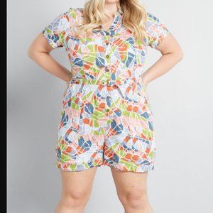 NWT Modcloth colorful "map" romper 4x belt pockets